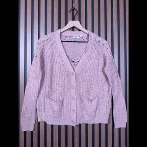 Kimchi Blue Cardigan Small Womens Pink Wool Knit Button Front Pocket Crotchet